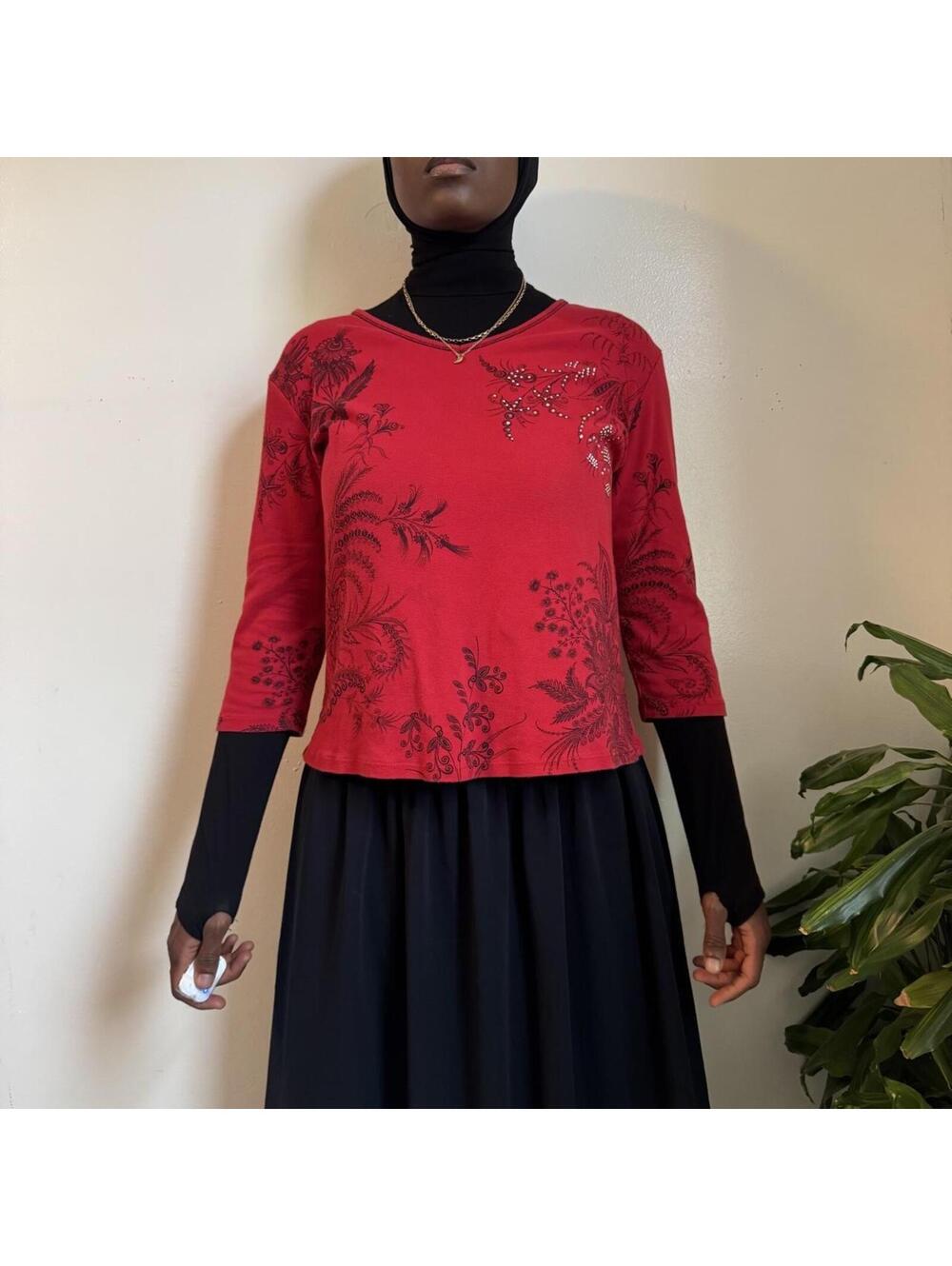 Vintage Jess & Jane Y2K Red Rhinestone Floral Top Whimsigoth L